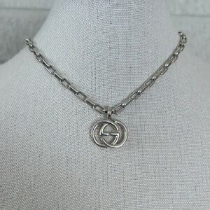 Gucci Sterling Silver Interlocking Double GG Logo Necklace Chain Pendant 20"
